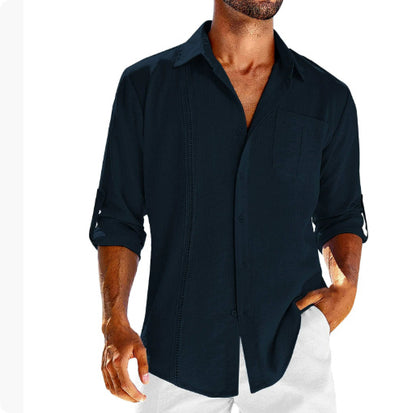Casual  Long Sleeve Shirt With Pocket Lace Polo Collar Solid Color Button Mens Clothing