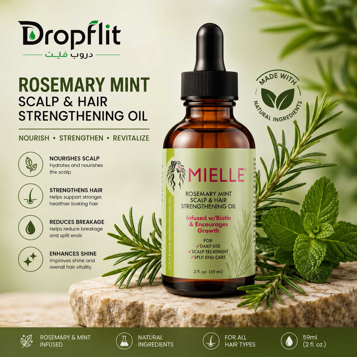 Mielle Rosemary Mint Scalp & Hair Strengthening Oil | Nourishes Scalp, Reduces Hair Breakage & Supports Stronger Healthier Hair | 59ml | UAE & KSA