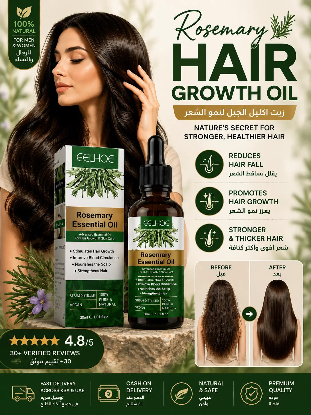 Rosemary Hair Growth Oil | 100% Pure & Natural | Stops Hair Fall, Thickens & Strengthens Hair | For All Hair Types | 30ml